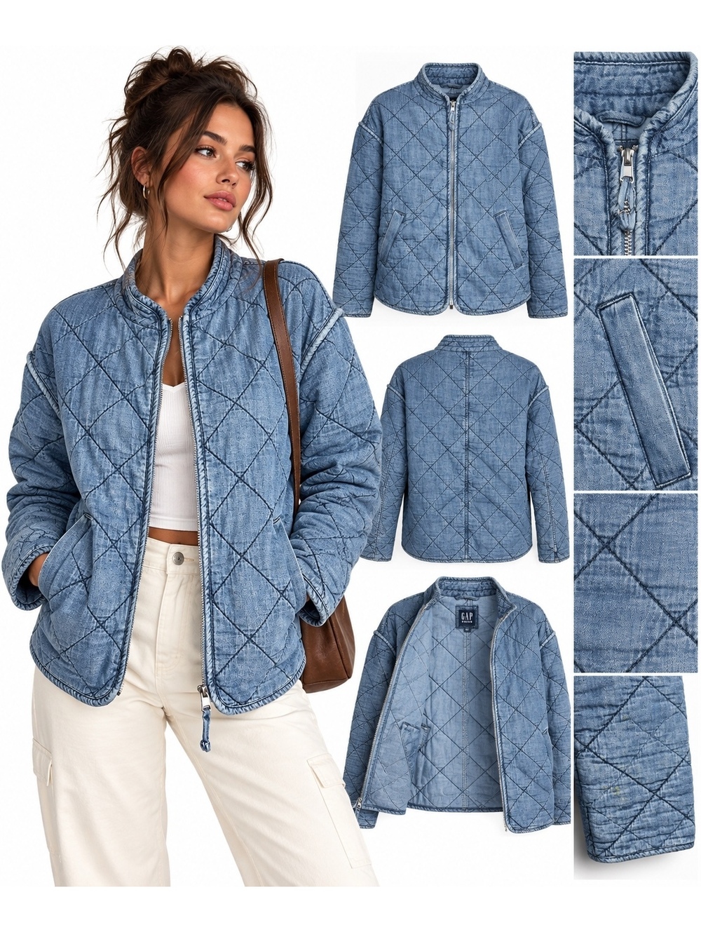 Gap Denim Quilted Jacket Medium Blue Chambray Zip Up Utility Coat